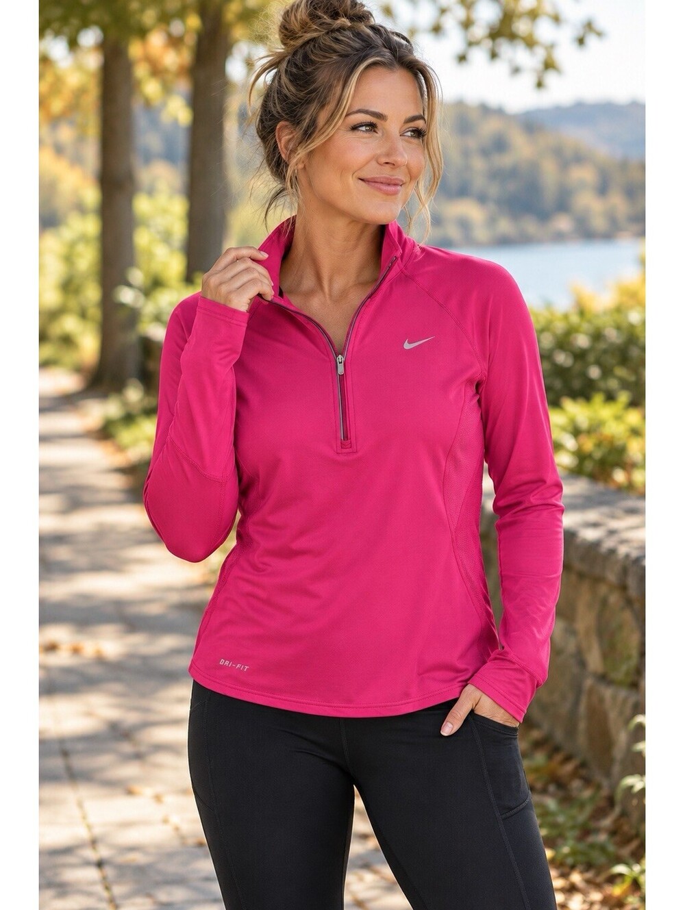 Nike Dri-FIT Womens Large Pink Quarter Zip Running Pullover Long Sleeve Athletic